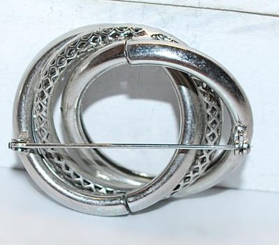 Triple Silver Colored Joined Off-Center RING BROOCH (2" x 1¾") with a Silver Tone Pin