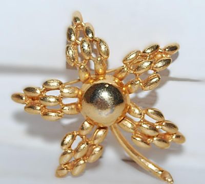 All Gold Colored 5 Petals BROOCH (2" x 2") with Half Globe and Stem Brushed Gold Tone Setting