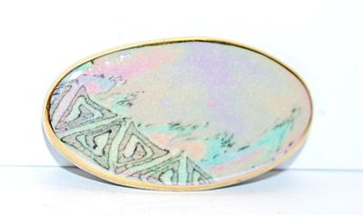 Long OVAL BROOCH (2" x 1") with Pinks & Blues Graphic Design and Gold Colored Edge on a Composite Setting
