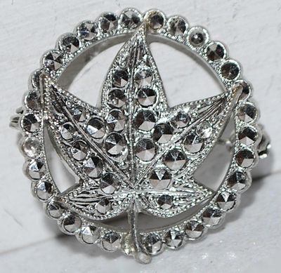 GRAY Stones Curved Circle BROOCH (1" Diam.) with Glitter Stones on an Oak Leaf Insert and Silver Tone Setting