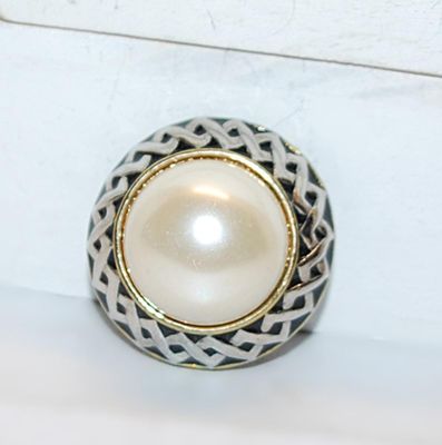 Large Half-Cut Faux PEARL Style BROOCH (1½" Diam.) on a Zig-Zag Gold Tone Setting