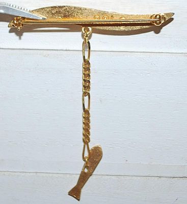 Thin Gold Colored BAR BROOCH (2¼" x ¼") with Fish-Like DANGLE on Gold Tone Setting
