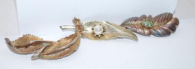 Collection of 3 Assorted LEAF BROOCHES - Bronze Style Pearl, Green Stone & Curled Leaves