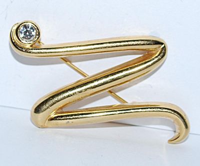 Letter "N' or "Z" BROOCH (1½" x 1½") with Single Corner Stone on a Gold Tone Setting