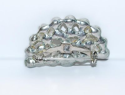Vintage Bejeweled FAN BROOCH (1½" x ¾") with Single Faux PEARL and a Silver Tone Setting