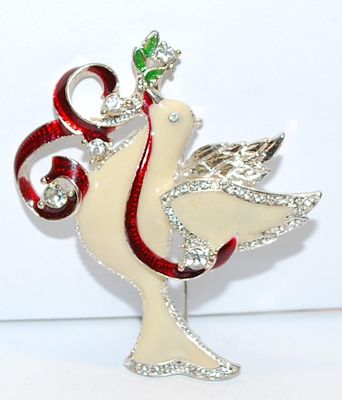 Ornate Beige Holiday BIRD BROOCH (2" x 2") with Swirling Red Ribbons and Bejeweled Outlines on a Silver Tone Setting