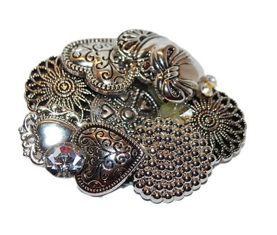 VINTAGE Handcrafted Silver Colored "COLLAGE OF HEARTS" BROOCH (2½" x 2") with "Mirror" Backing