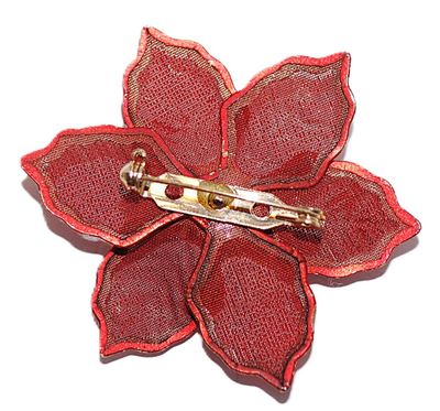 Vintage RED PONTSETTIA FLOWER BROOCH (2" Diam.) with 6 "Screen"-Style Petals and Gold Colored Stamens + Center Clear Stone