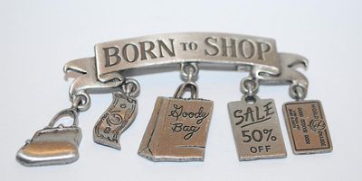 Fun "BORN TO SHOP" BROOCH (2½" x 1½") -Marked "©JJ" - with Purse, Goody Bag, Money, Sale Sign and Credit...