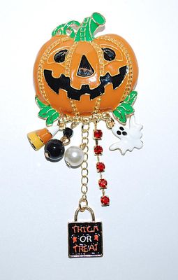 Orange, Black & Green PUMPKIN HEAD BROOCH (4" x 1½") with "Trick or Treat" Sign, Candy Corn Ghost, Globes and Red...