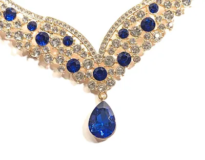 *** NEW ARRIVAL *** Beautiful "BLUE & CLEAR STONES" JEWELRY SET with Choker NECKLACE (13" L + Large Teardrop BLUE...