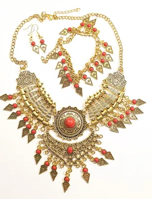 *** NEW ARRIVAL *** Beautiful & Exotic Gold Colored NECKLACE (18" L + Segmented, Gold Tone Chain/Lobster Clasp) JEWELRY SET...