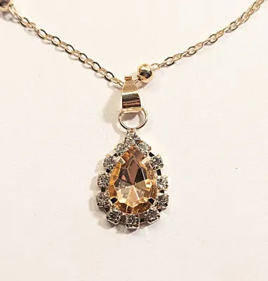 *** NEW ARRIVAL *** "CHAMPAGNE Colored PEAR STONE " NECKLACE (18" L + PENDANT + Gold Tone "Balled" Chain/Lobster...