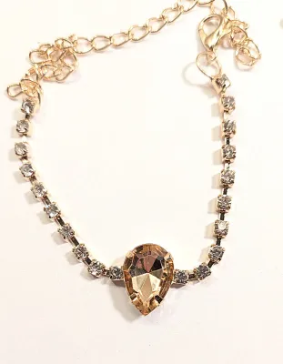 *** NEW ARRIVAL *** "CHAMPAGNE Colored PEAR STONE " NECKLACE (18" L + PENDANT + Gold Tone "Balled" Chain/Lobster...