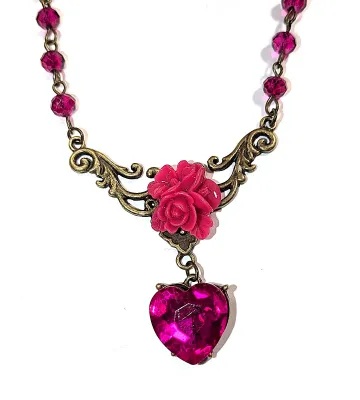 *** NEW ARRIVAL *** Beautiful "MAGENTA HEART & PINK ROSE" NECKLACE (16" L, Acrylic Rose/Heart Stone, Purple Accent...