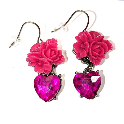 *** NEW ARRIVAL *** Beautiful "MAGENTA HEART & PINK ROSE" NECKLACE (16" L, Acrylic Rose/Heart Stone, Purple Accent...
