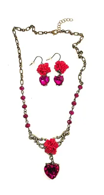 *** NEW ARRIVAL *** Beautiful "MAGENTA HEART & PINK ROSE" NECKLACE (16" L, Acrylic Rose/Heart Stone, Purple Accent...