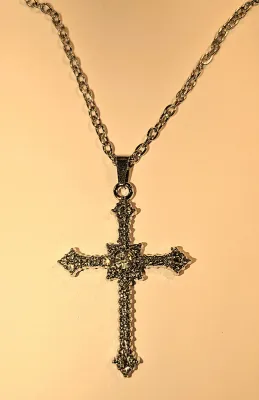 *** NEW ARRIVAL *** Delicate "BEJEWELED SILVER COLORED CROSS" NECKLACE (20" L, PENDANT, Silver Tone Chain + Lobster Clasp)...