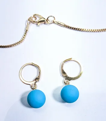 *** NEW ARRIVAL *** Delicate "BLUE GLOBE" NECKLACE (16" L, Gold Tone Chain + Lobster Clasp) JEWELRY SET & Matching...
