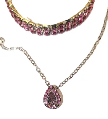 Delicate Pale PINK PEAR SHAPED STONE JEWELRY SET with NECKLACE (16" L + Pear and Pink Stones Pendant + SILVER Tone Chain/Clasp)...