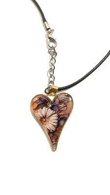 "BEIGE FLOWERS" Enameled Triangle "HEART" JEWELRY SET with NECKLACE (17" L + PENDANT + BLACK CORD...