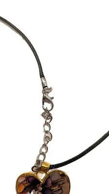 "BEIGE FLOWERS" Enameled Triangle "HEART" JEWELRY SET with NECKLACE (17" L + PENDANT + BLACK CORD...