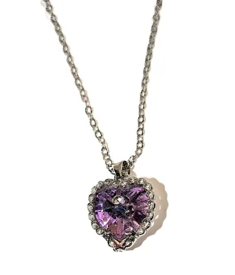 Single LAVENDER HEART Shaped STONE JEWELRY SET with NECKLACE (16" L + Silver Surround + Tiny Clear "Stone-on-a-Stone"...