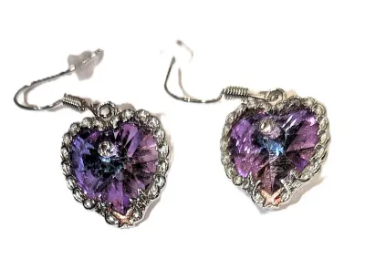 Single LAVENDER HEART Shaped STONE JEWELRY SET with NECKLACE (16" L + Silver Surround + Tiny Clear "Stone-on-a-Stone"...