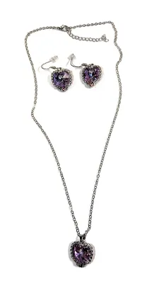 Single LAVENDER HEART Shaped STONE JEWELRY SET with NECKLACE (16" L + Silver Surround + Tiny Clear "Stone-on-a-Stone"...