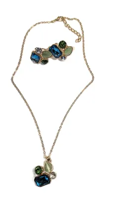 Beautiful Variety of Multicolor Shapes of Stones JEWELRY SET with NECKLACE (17" L + Blue, Green, Clear & Opaque Stones PENDANT +...