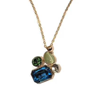 Beautiful Variety of Multicolor Shapes of Stones JEWELRY SET with NECKLACE (17" L + Blue, Green, Clear & Opaque Stones PENDANT +...