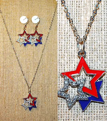 RED, WHITE & BLUE STARS JEWELRY SET with NECKLACE (22" L + Silver Tone Chain/Lobster Clasp) and MATCHING EARRINGS with WIRE HOOK...