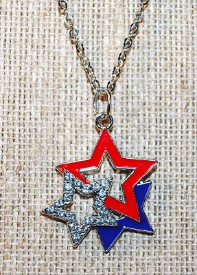 RED, WHITE & BLUE STARS JEWELRY SET with NECKLACE (22" L + Silver Tone Chain/Lobster Clasp) and MATCHING EARRINGS with WIRE HOOK...