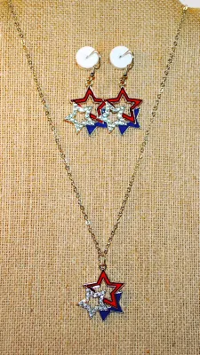 RED, WHITE & BLUE STARS JEWELRY SET with NECKLACE (22" L + Silver Tone Chain/Lobster Clasp) and MATCHING EARRINGS with WIRE HOOK...