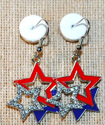 RED, WHITE & BLUE STARS JEWELRY SET with NECKLACE (22" L + Silver Tone Chain/Lobster Clasp) and MATCHING EARRINGS with WIRE HOOK...