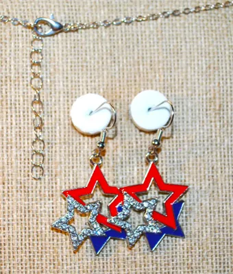 RED, WHITE & BLUE STARS JEWELRY SET with NECKLACE (22" L + Silver Tone Chain/Lobster Clasp) and MATCHING EARRINGS with WIRE HOOK...