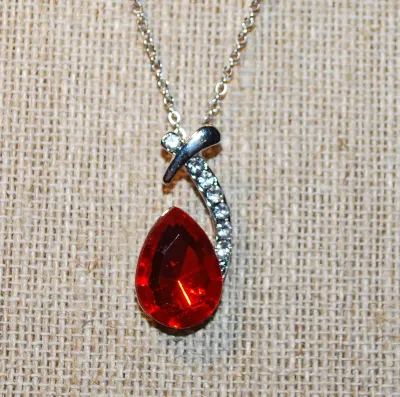 ORANGE PEAR Shaped Beveled Glass Stone JEWELRY SET with NECKLACE (15" L, Jeweled Side "Swirl" Accent Pendant + Silver Tone...