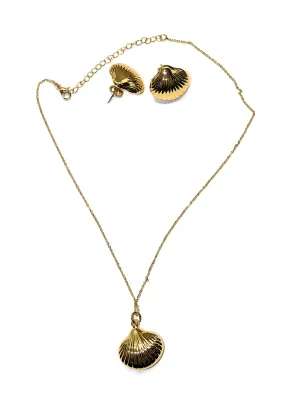 Gold Colored "SHELLS" JEWELRY SET with NECKLACE (16" L+ Shell Pendant + Lobster Clasp) and MATCHING EARRINGS with Wire...