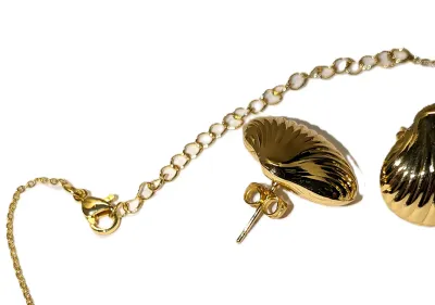 Gold Colored "SHELLS" JEWELRY SET with NECKLACE (16" L+ Shell Pendant + Lobster Clasp) and MATCHING EARRINGS with Wire...