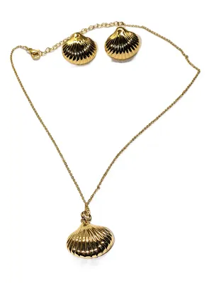 Gold Colored "SHELLS" JEWELRY SET with NECKLACE (16" L+ Shell Pendant + Lobster Clasp) and MATCHING EARRINGS with Wire...