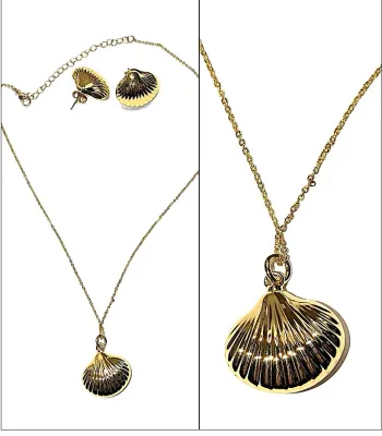 Gold Colored "SHELLS" JEWELRY SET with NECKLACE (16" L+ Shell Pendant + Lobster Clasp) and MATCHING EARRINGS with Wire...