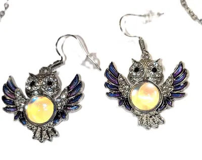 Fun BLUE & SILVER COLORED IRIDESCENT OWL JEWELRY SET with NECKLACE (16" L + Blue Enamel Wings+Half Globe Glass Blue...