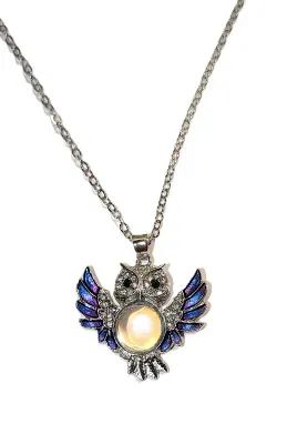 Fun BLUE & SILVER COLORED IRIDESCENT OWL JEWELRY SET with NECKLACE (16" L + Blue Enamel Wings+Half Globe Glass Blue...