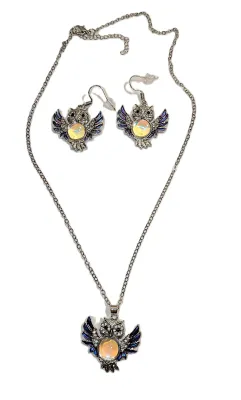 Fun BLUE & SILVER COLORED IRIDESCENT OWL JEWELRY SET with NECKLACE (16" L + Blue Enamel Wings+Half Globe Glass Blue...