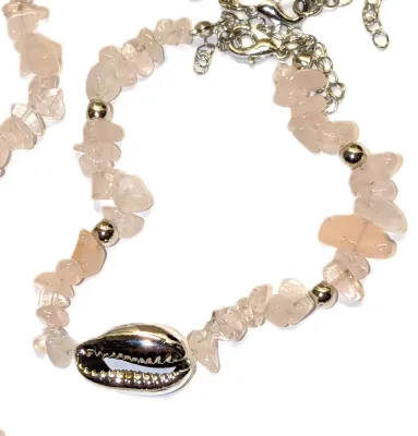 Pale PINK Irregular-Shaped Stones & Shells JEWELRY SET Choker NECKLACE (14" L + Silver Tone Bright Shell + Lobster Clasp) &...