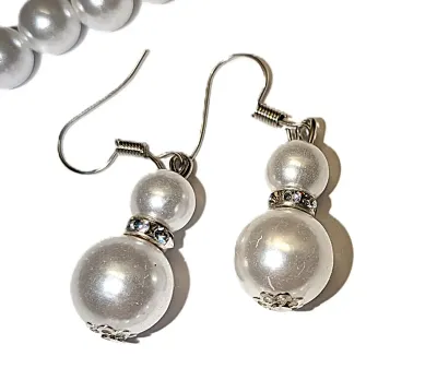 WHITE FAUX PEARLS JEWELRY SET with NECKLACE (17" L + Lobster Clasp) with Matching BRACELET (Stretch + 2" Opening) &...