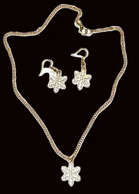 WHITE SNOWFLAKE JEWELRY SET with Gold Tone Chain NECKLACE (17" L + Lobster Clasp) and MATCHING EARRINGS with Wire Hook Clasp