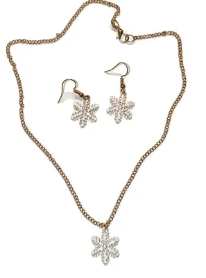 WHITE SNOWFLAKE JEWELRY SET with Gold Tone Chain NECKLACE (17" L + Lobster Clasp) and MATCHING EARRINGS with Wire Hook Clasp