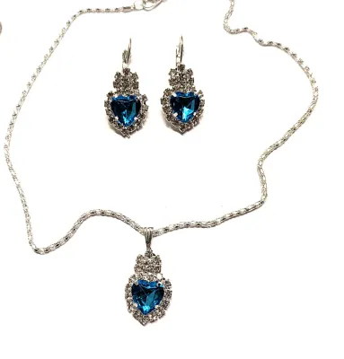 Bejeweled BLUE HEART STONE JEWELRY SET with NECKLACE (Silver Tone + 16" L + Fine Link Chain + Lobster Clasp + Pendant Combo) and...
