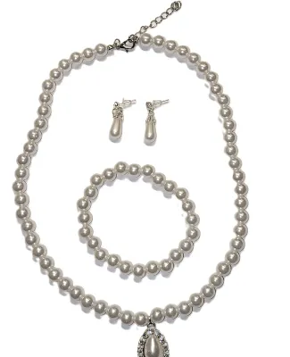 WHITE FAUX PEARLS JEWELRY SET with NECKLACE (19" L + Lobster Clasp) Matching BRACELET (Stretch + 2-3" Adjustable Opening) &...